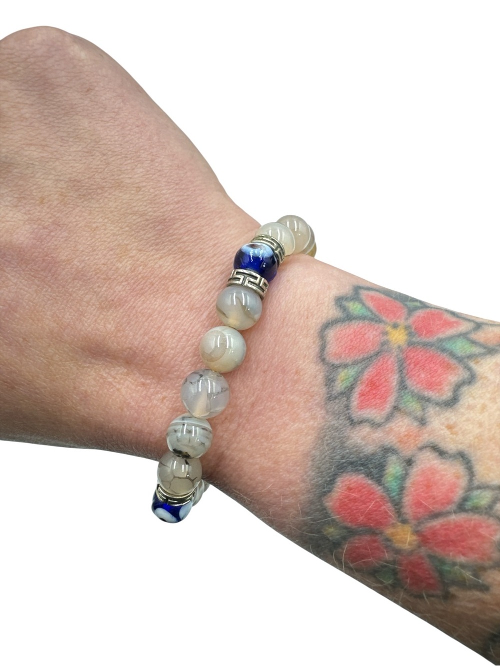 Gray Dragon Vein Agate Evil Eye Stretch Bracelet Blue Glass Bead Boho Unisex
